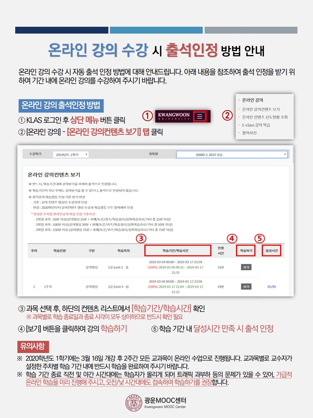 과목별로+상이한+온라인+강의+학습기간+내에,+달성시간을+만족해야+온라인+강의+출석이+인정됨.+반드시+학습기간+확인+필요.