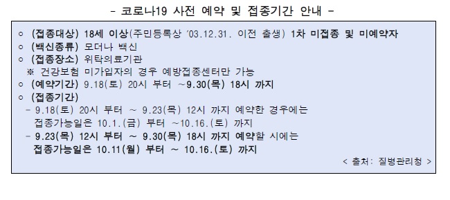 코로나19 사전예약 및 접종기간 안내(교육부)
