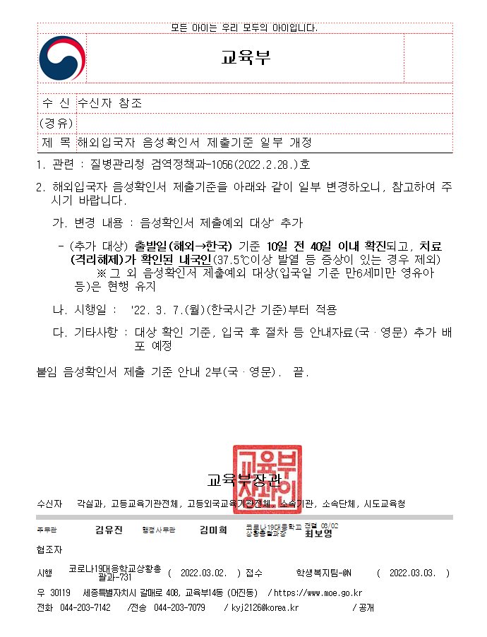 해외입국자+음성확인서+제출+기준+일부+개정--음성확인서+제출+예외+대상으로+추가된+경우:+3월7일+한국시간+기준으로+적용되며해외+출발일+기준+10일전+40일+이내+확진되고,치료(격리해제)가+확인된+내국인(37.5도+이상+발열이+있는+경우는+예외)+