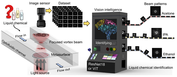 [Schematic diagram of metasurface-based liquid identification process using vision AI] 