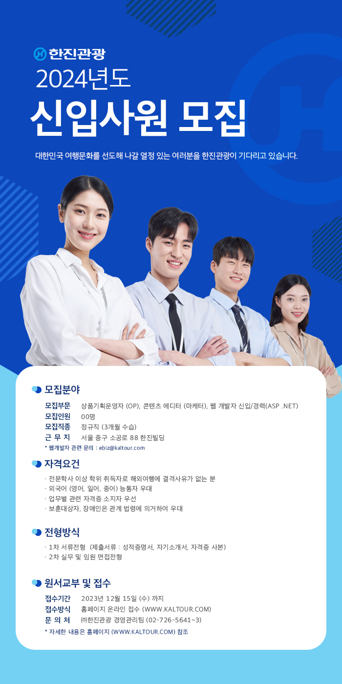 한진관광 2024년도 신입사원 모집
대한민국 여행문화를 선도해 나갈 열정 있는 여러분을 한진관광이 기다리고 있습니다.
● 모집분야
모집부문 상품기획운영자 (OP), 콘텐츠 에디터 (마케터), 웹 개발자 신입/경력(ASP.NET)
모집인원 00명
모집직종 정규직 (3개월 수습)
근무지 서울 중구 소공로 88 한진빌딩
'웹개발자 관련 문의 : ebiz@kaltour.com
● 자격요건
？전문학사 이상 학위 취득자로 해외여행에 결격사유가 없는 분
·외국어 (영어, 일어, 중어) 능통자 우대
？업무별 관련 자격증 소지자 우선
？보훈대상자, 장애인은 관계 법령에 의거하여 우대
♥ 전형방식
？1차 서류전형 (제출서류 : 성적증명서, 자기소개서, 자격증 사본)
？2차 실무 및 임원 면접전형
● 원서교부 및 접수
접수기간 2023년 12월 15일 (수)까지
접수방식 홈페이지 온라인 접수 (WWW.KALTOUR.COM)
문의처 (주)한진관광 경영관리팀 (02-726-5641~3)
*자세한 내용은 홈페이지(WWW.KALTOUR.COM) 참조

