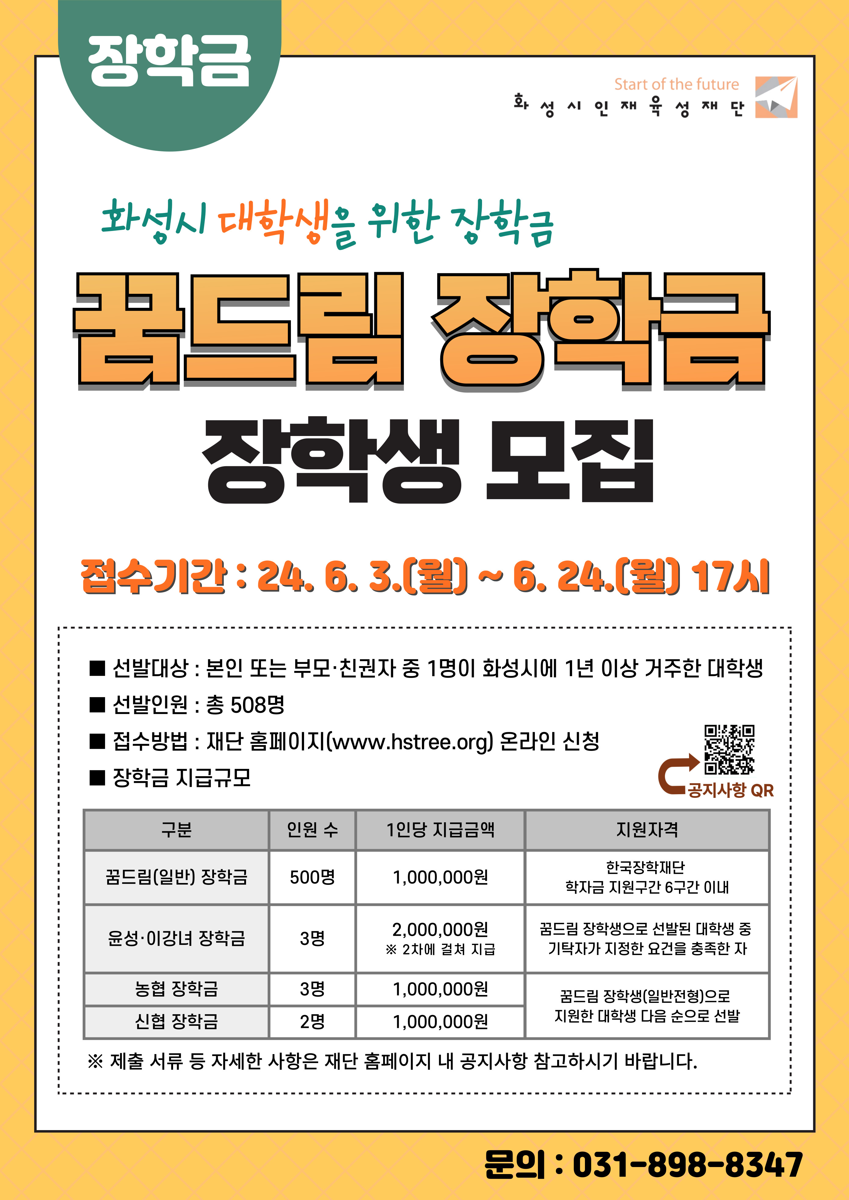 □ 장학금명 : 꿈드림 장학금 ※ 생활비성 장학금
 □ 선발대상 : 화성시에 1년 이상 계속 거주한 대학생
 ※ 세부 자격요건 2페이지 반드시 참고
 □ 선발인원 : 총 508명
 □ 장학금 지급규모
대상 구분 인원 수 1인당 지급금액 지급총액
대학생
(신입·재학생)
꿈드림(일반) 장학금 500 1,000,000 500,000,000
윤성·이강녀 장학금 3
2,000,000
(학기별 분할 지급) 6,000,000
농협 장학금 3 1,000,000 3,000,000
신협 장학금 2 1,000,000 2,000,000
총 지급액 511,000,000 □ 선발일정
온라인 신청 ？ 서류 검토 및 보완 ？ 최종 합격자 발표 ？ 장학금 지급
2024. 6. 3.(월) 9시 ~ 6. 24.(월) 17시
6. 25.(화) ~ 7. 15.(월)
8. 9.(금) [예정]
홈페이지 내 공지
9월 중 장학금 지급
※ 윤성？이강녀 장학금 
12월 중 2차 지급 예정
※ 재단 상황에 따라 선발 일정은 추후 변동될 수 있음