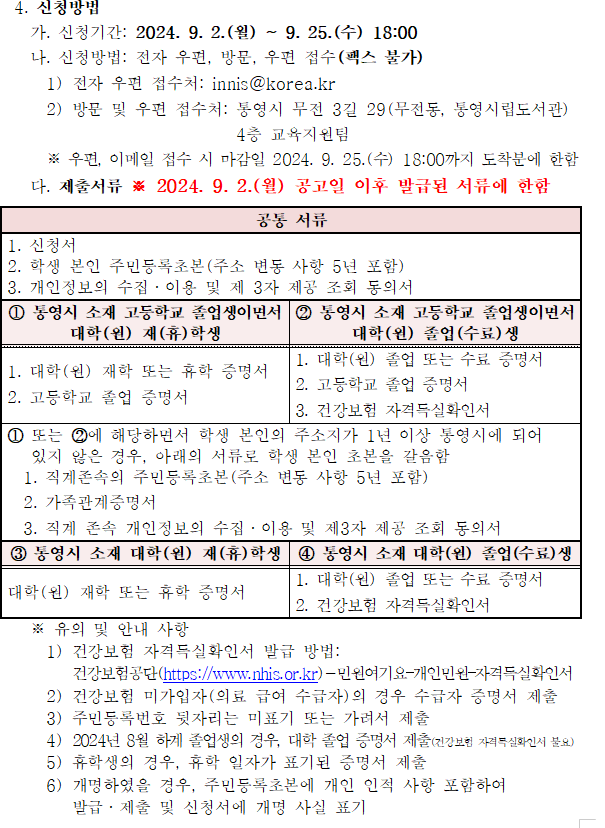  4. 신청방법
    가. 신청기간: 2024. 9. 2.(월) ~ 9. 25.(수) 18:00
    나. 신청방법: 전자 우편, 방문, 우편 접수(팩스 불가)
      1) 전자 우편 접수처: innis@korea.kr      
      2) 방문 및 우편 접수처: 통영시 무전 3길 29(무전동, 통영시립도서관) 4층 교육지원팀 
    