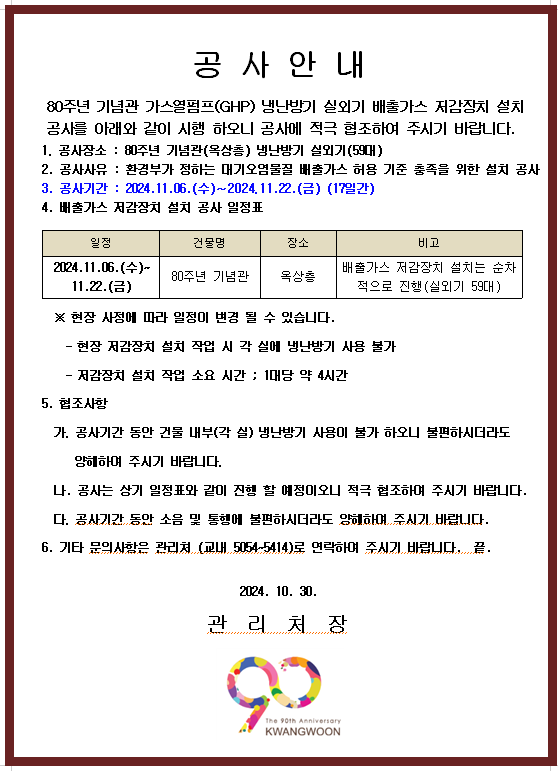 80주년 기념관 가스열펌프(GHP) 냉난방기 실외기 배출가스 저감장치 설치공사