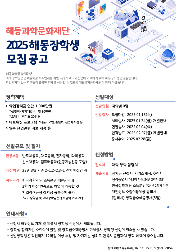 해동과학문화재단 2025해동장학생 모집 공고
학업장려금 연간 1000만원(생활비 월80만원 / 교재비 학기초 20만원)

전공부문 : 반도체공학, 재료공학, 전자공학, 화학공학, 신소재공학, 컴퓨터공학(인공지능전공포함)

