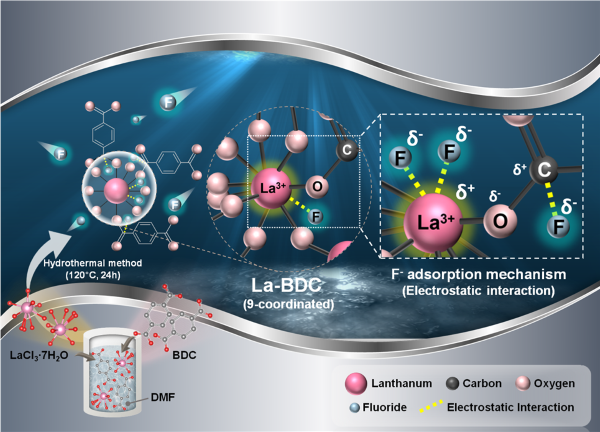 장민 교수(환경공학과) 연구팀, 금속-유기 골격체(MOF)의 배위 조정을 통한

수중 불소이온 흡착 성능 향상 및 고효율 La-MOF 흡착제 개발