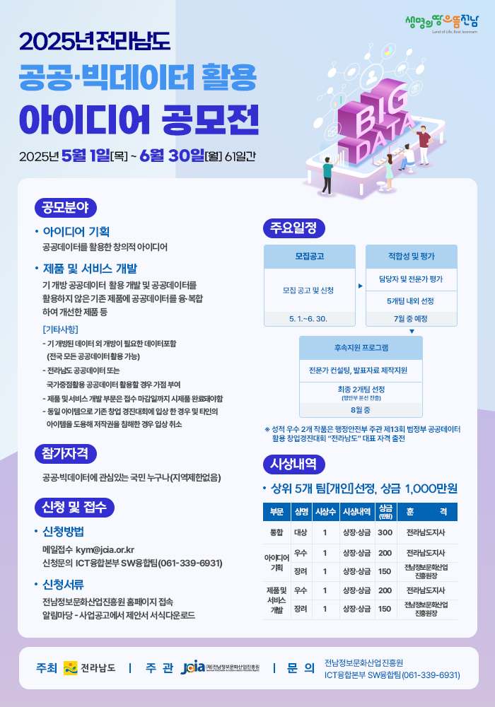 2025년 전라남도 공공/빅데이터 활용 아이디어 공모전
~2025.06.30(월)