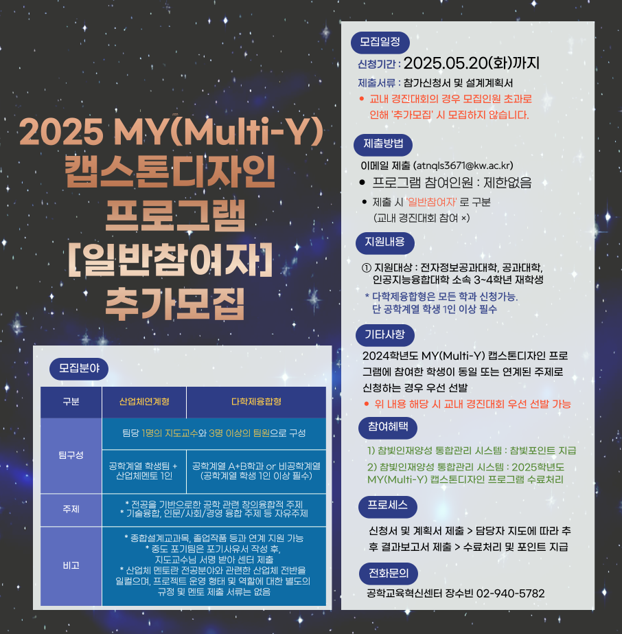 2025 MY(Multi-Y)캡스톤디자인 프로그램 일반참여자 추가모집 안내
신청기간 : 2025.05.20(화)까지
제출서류 : 참가신청서 및 설계계획서
제출방법 : 이메일제출(atnqls3671@kw.ac.kr)
프로그램 참여인원 : 제한없음