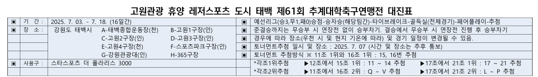제61회 추계대학축구연맹전 경기 장소 및 기타 사항 안내