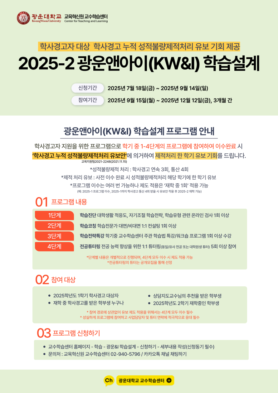 교육혁신원 교수학습센터에서는 2025-1 학사경고 대상자 또는 재학 중 학사경고를 받은 학부생을 대상으로

'학사경고 누적 성적불량제적처리 유보안'에 의거한 제적처리 한 학기 유보 기회가 부여되는 

광운앤아이(KW&I) 학습설계 프로그램을 운영합니다. 재학생의 많은 참여와 관심 부탁드립니다.