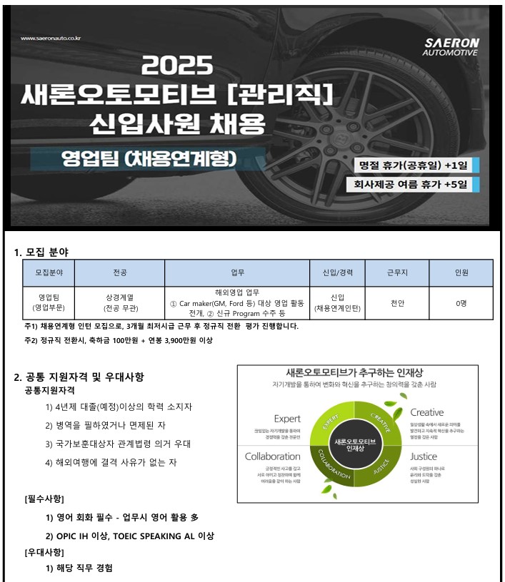 새론오토모티브 해외영업 채용연계형 추천채용