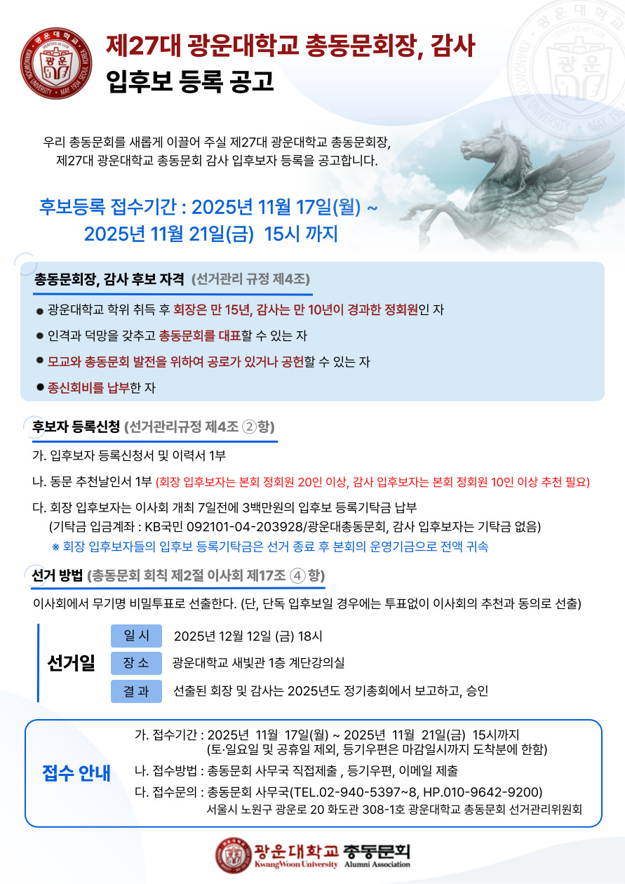 제27대 광운대학교 총동문회장, 감사 입후보 등록 공고