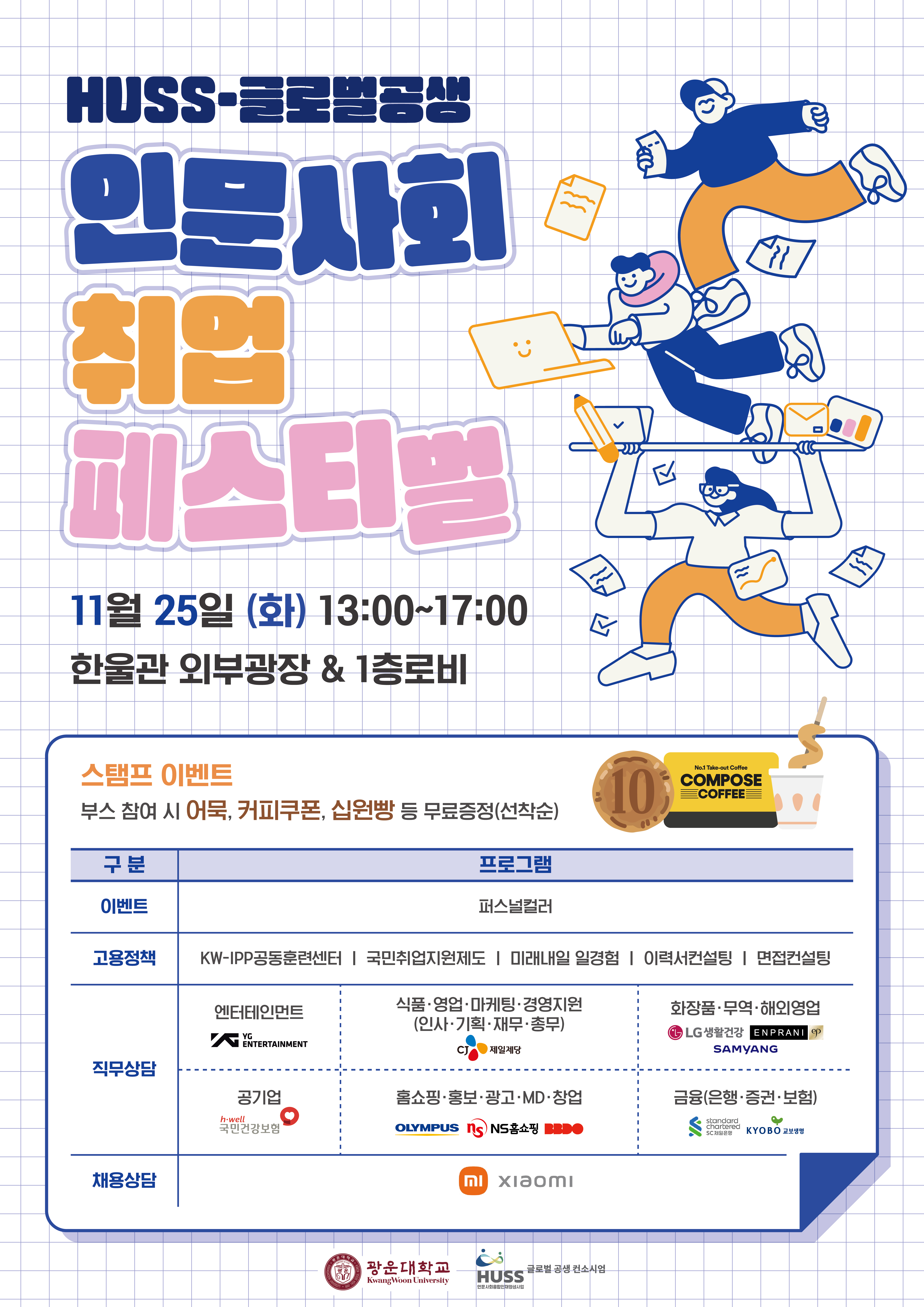 글로벌 공생 HUSS 사업단에서 「HUSS 인문사회 취업 페스티벌」을 개최합니다.

관심 있는 학생들의 많은 참여 부탁드립니다.

 

1. 행사명: HUSS 인문사회 취업 페스티벌

2. 일정: 2025년 11월 25일(화) 13시~17시

3. 장소: 한울관 외부광장&1층 로비

4. 운영 부스: 직무상담 부스, 고용정책 부스, 채용상담 부스(샤오미코리아), 이벤트 부스 (* 자세한 사항 포스터 참조)

   5. 혜택: 부스 참여 시 어묵, 커피쿠폰, 십원빵 등 무료 증정 