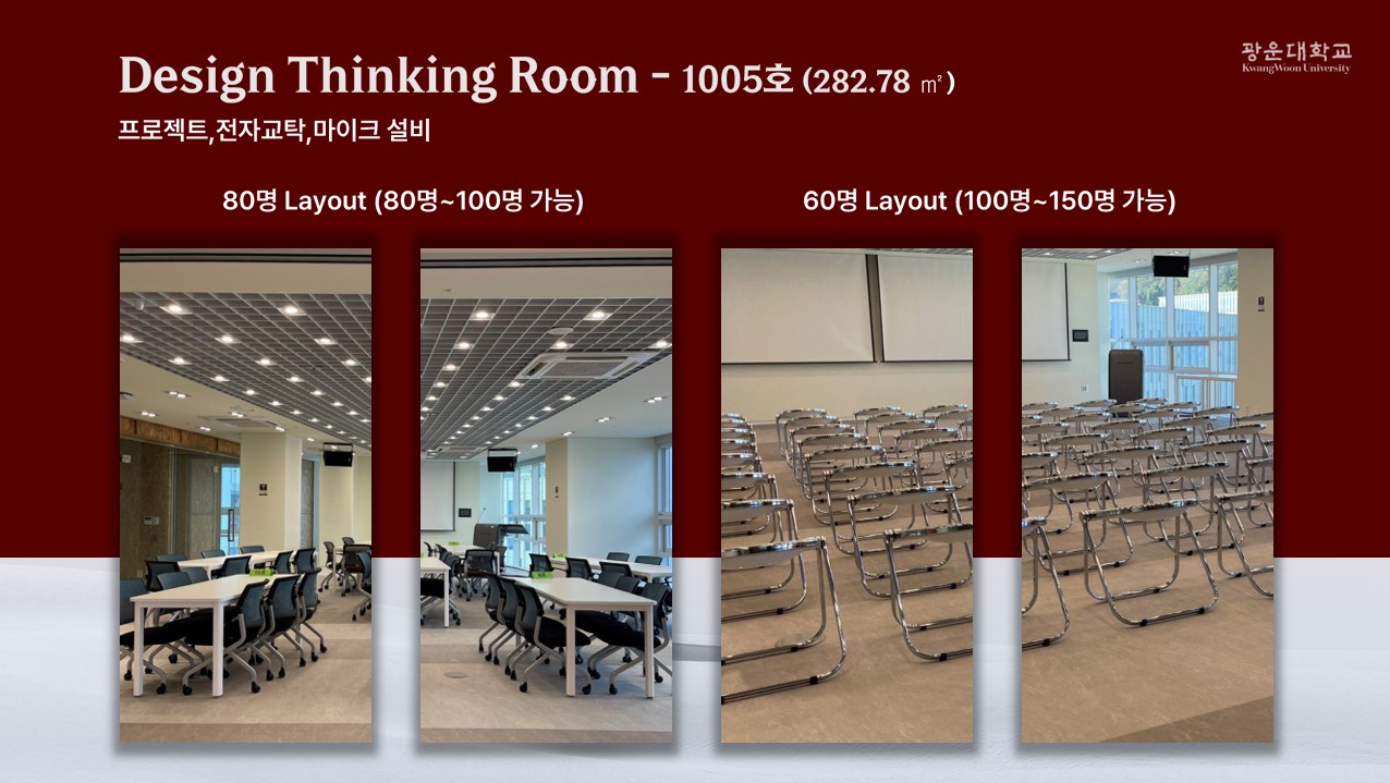 1005호 desgin thinking room 100명~150명 수용가능하고 프로젝터 전자교탁 마이크설비가 되어 있고 분리된 작은 회의실 있음