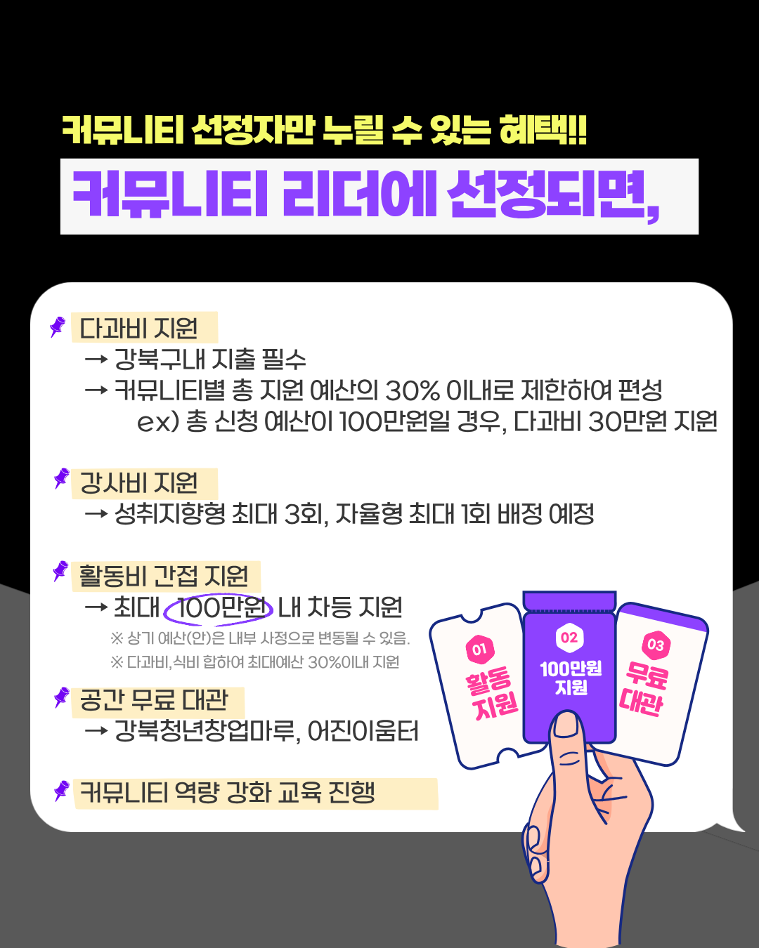 커뮤니티 사업에 선정되면 최대 100만원 상당의 활동지원을 받을 수 있습니다.