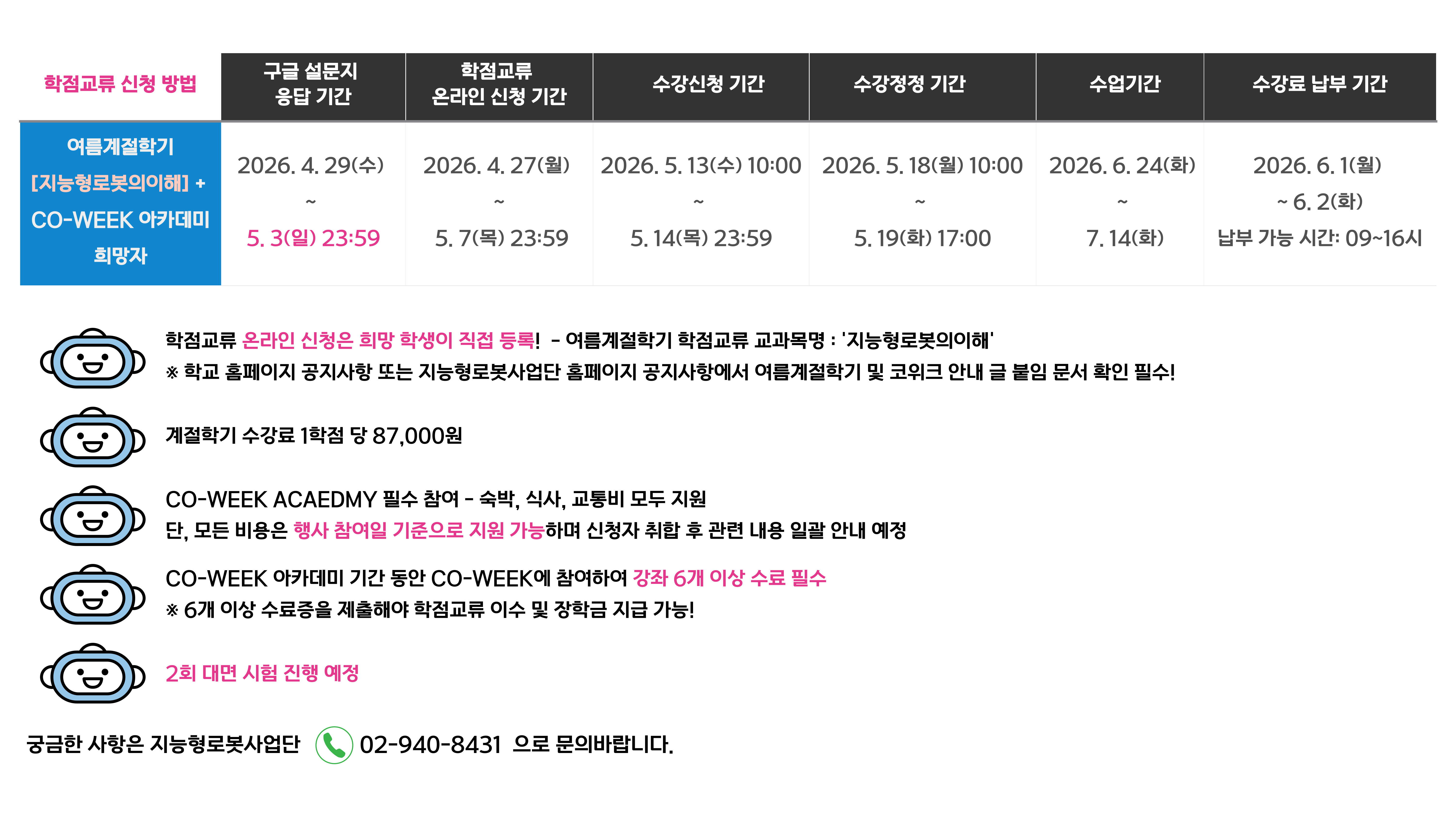 여름계절학기 [지능형로봇의이해] + CO-WEEK 아카데미 희망자

학점교류 신청 방법	
