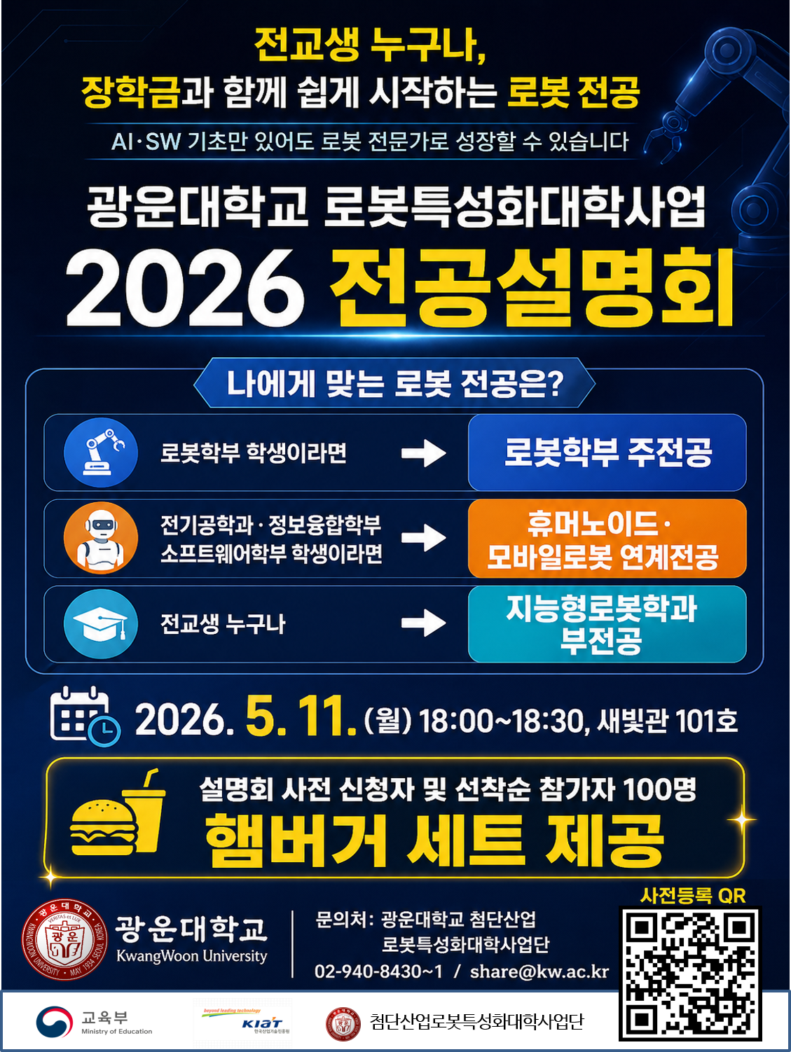 전교생 누구나, 장학금과 함께 쉽게 시작하는 로봇 전공
Ai,SW 기초만 있어도 로봇 전문가로 성장할 수 있습니다.
광운대학교 로봇특성화대학사업 2026 전공설명회
나에게 맞는 전공은?
로봇학부 학생이라면 로봇학부 주전공
전기공학과, 정보융합학부, 소프트웨어학부 학생이라면 휴머노이드, 모바일로봇 연계전공
전교생 누구나 지능형로봇학과 부전공
2026. 5.11.(월) 18:00~18:30, 새빛관 101호
설명회 사전 신청자 및 선착순 참가자 100명 햄버거 세트 제공
광운대학교 문의처: 광운대학교 첨단산업 로못특성화대학사업단
02-940-8430~1/share@kw.ac.kr
교육부, kiat, 첨단산업 로봇특성화대학사업단
사진등록QR