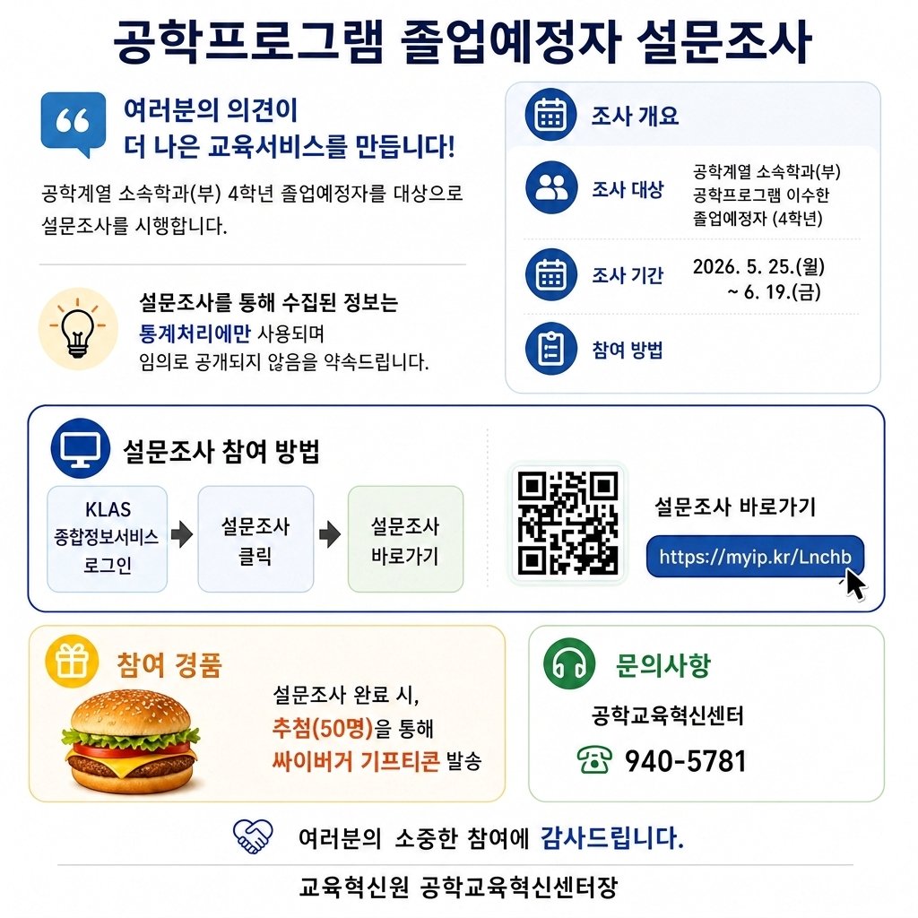 2026학년도 공학프로그램 졸업예정자 설문조사 시행 안내 이미지입니다.