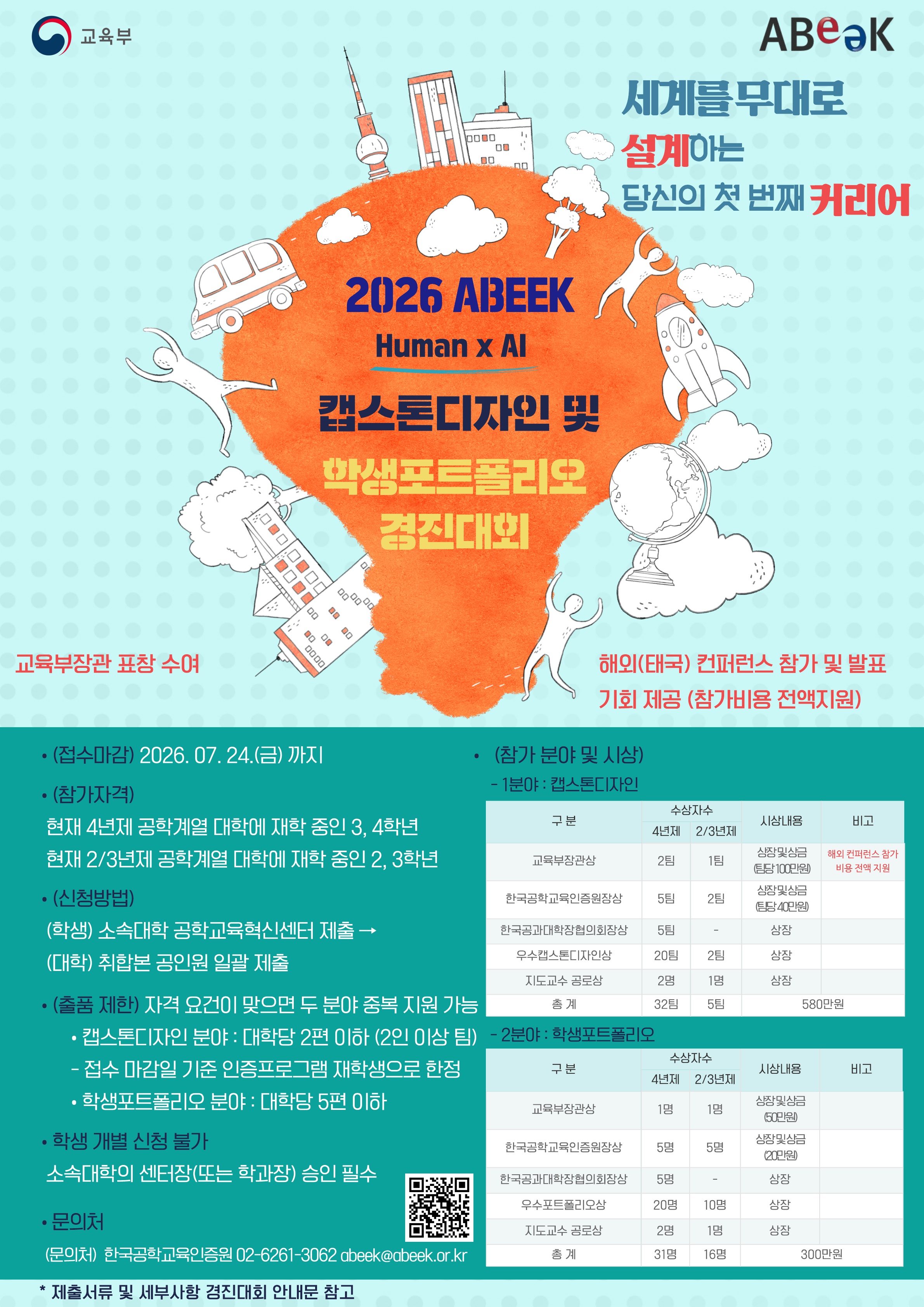 제출기한 : 7월 22일(수) 자정까지

제출방식 : 제출 서류를 작성 완료 후 kay@kw.ac.kr로 송부

주의사항 

- 지원자가 캡스톤 2팀, 포트폴리오 5명이 넘어갈 경우 내부 심사를 통해 제출 작품을 선별할 수 있음

- 제출서류 안에 붙임 2번 맨 아래 센터장 직인은 센터에서 직접 넣을 예정이니 공란으로 제출 요망

- 경진대회 및 준비 서류 관련 문의는 한국공학교육인증원에 문의 

 

제출 관련 문의사항 : 공학교육혁신센터 김예영(02-940-5782) 