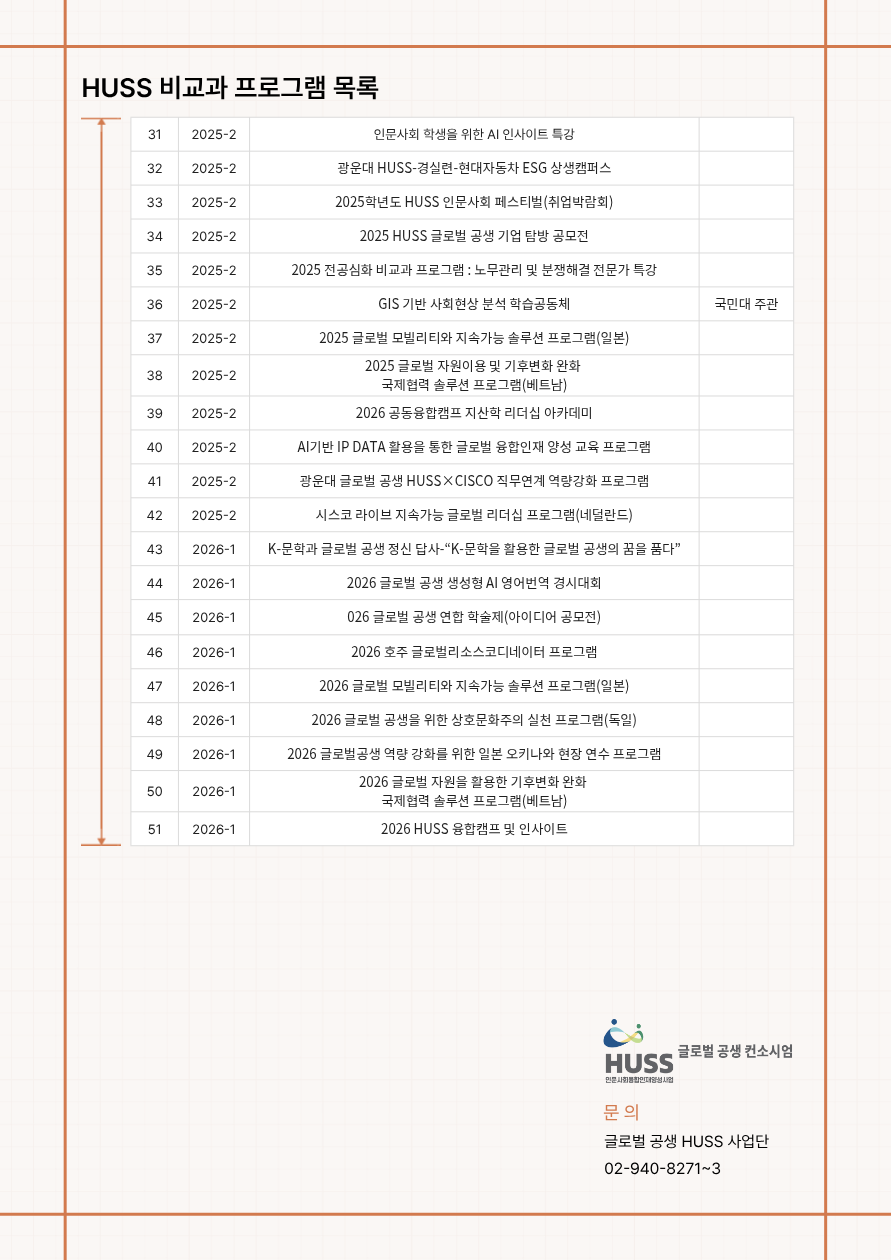 글로벌 공생 HUSS 사업단 수기 공모전 안내 관련 비교과 프로그램 목록 포스터2
