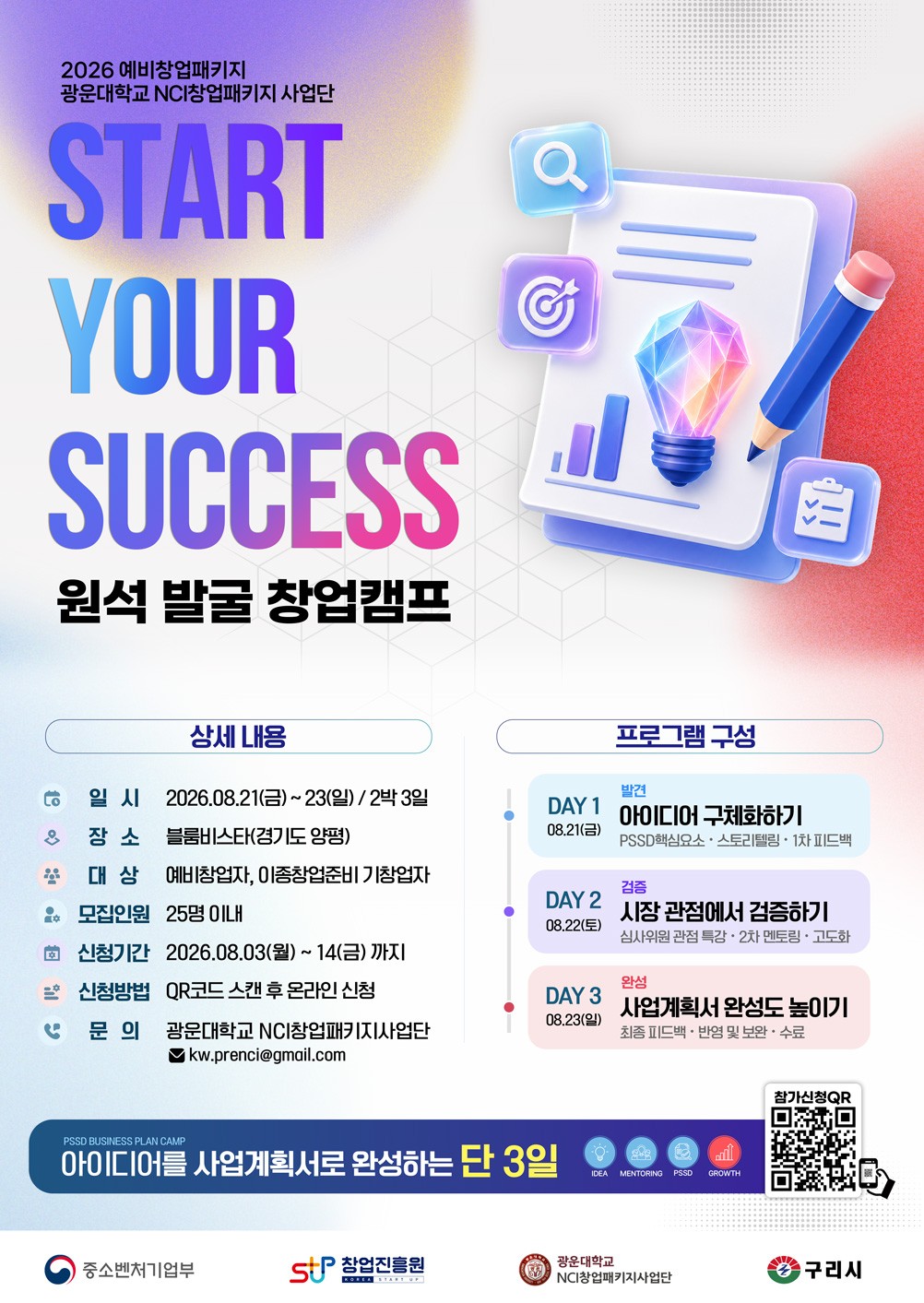 상세 내용 및 프로그램 구성 안내

상세 내용

일시 : 2026년 8월 21일(금) ~ 8월 23일(일), 2박 3일
장소 : 블룸비스타(경기도 양평)
대상 : 예비창업자 및 이종창업을 준비 중인 기창업자
모집인원 : 25명 이내
신청기간 : 2026년 8월 3일(월) ~ 8월 14일(금)
신청방법 : QR코드 스캔 후 온라인 신청
문의 : 광운대학교 NCI창업패키지사업단, 이메일 kw.prenci@gmail.com

프로그램 구성

DAY 1 (8월 21일, 금) : 발견 – 아이디어 구체화하기
PSST 핵심요소 이해, 스토리텔링, 1차 피드백
DAY 2 (8월 22일, 토) : 검증 – 시장 관점에서 검증하기
심사위원 관점 특강, 2차 멘토링, 사업계획서 고도화
DAY 3 (8월 23일, 일) : 완성 – 사업계획서 완성도 높이기
최종 피드백, 반영 및 보완, 수료