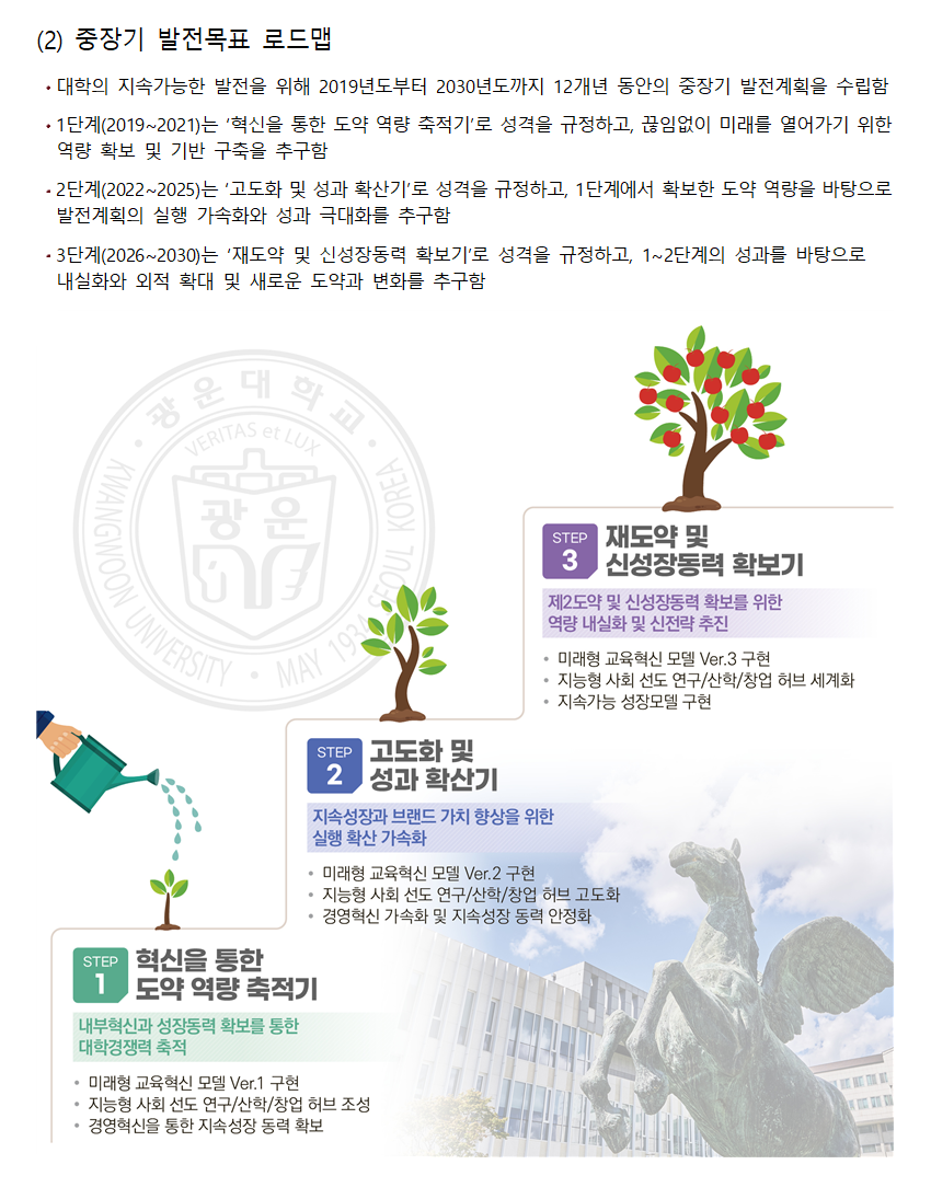 (2) 중장기 발전목표 로드맵 : ·대학의 지속가능한 발전을 위해 2019년도부터 2030년도까지 12개년 동안의 중장기 발전계획을 수립함 ·1단계 3개년(2019~2021)은 '혁신을 통한 도약 역량 축적기'로 성격을 규정하고, 끊임없이 미래를 열어가기 위한 역량 확보 및 기반 구축을 추구함 ·2단계 4개년(2022~2025)은 '고도화 및 성과 확산기'로 성격을 규정하고, 1단계에서 확보한 도약 역량을 바탕으로 발전계획의 실행 가속화와 성과 극대화를 추구함 ·3단계 5개년(2026~2030)은 '재도약 및 신성장동력 확보기'로 성격을 규정하고, 1~2단계의 성과를 바탕으로 내실화와 외적 확대 및 새로운 도약과 변화를 추구함 / 2019 ~ 2021 STEP1 : 혁신을 통한 도약 역량 축적기 - 내부혁신과 성장동력 확보를 통한 대학경쟁력 축적 ·미래형 교육혁신 모델 Ver.1 구현 ·지능형 사회 선도 연구/산학/창업 허브 조성 ·경영혁신을 통한 지속성장 동력확보 | 2022 ~ 2025 STEP2 : 고도화 및 성과 확산기 - 지속성장과 브랜드 가치 향상을 위한 실행 확산 가속화 ·미래형 교육혁신 모델 Ver.2 구현 ·지능형 사회 선도 연구/산학/창업 허브 고도화 ·경영혁신 가속화 및 지속성장 동력 안정화 | 2026 ~ 2030 STEP3 : 재도약 및 신성장동력 확보기 - 제2도약 및 신성장동력 확보를 위한 역량 내실화 및 신전략 추진 ·미래형 교육혁신 모델 Ver.3 구현 ·지능형 사회 선도 연구/산학/창업 허브 세계화 ·지속가능 성장모델 구현